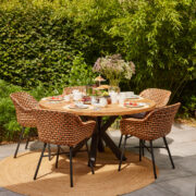 AMBIANCE STEPHANIE TABLE ROUND 150CM TEAK WOOD TOP & DELPHINE CHAIR CORAL HARTMAN