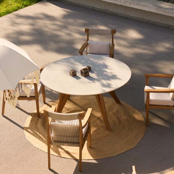COCO TABLE ROUND 150CM CERAMIC TOP & TEAK WOOD LEGS & COCO DINING CHAIR AMBIANCE HARTMAN